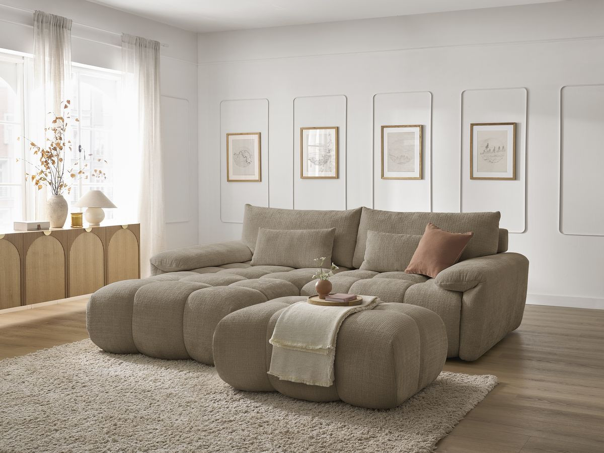 Canapé d'angle fixe IVANE tissu texturé avec pouf