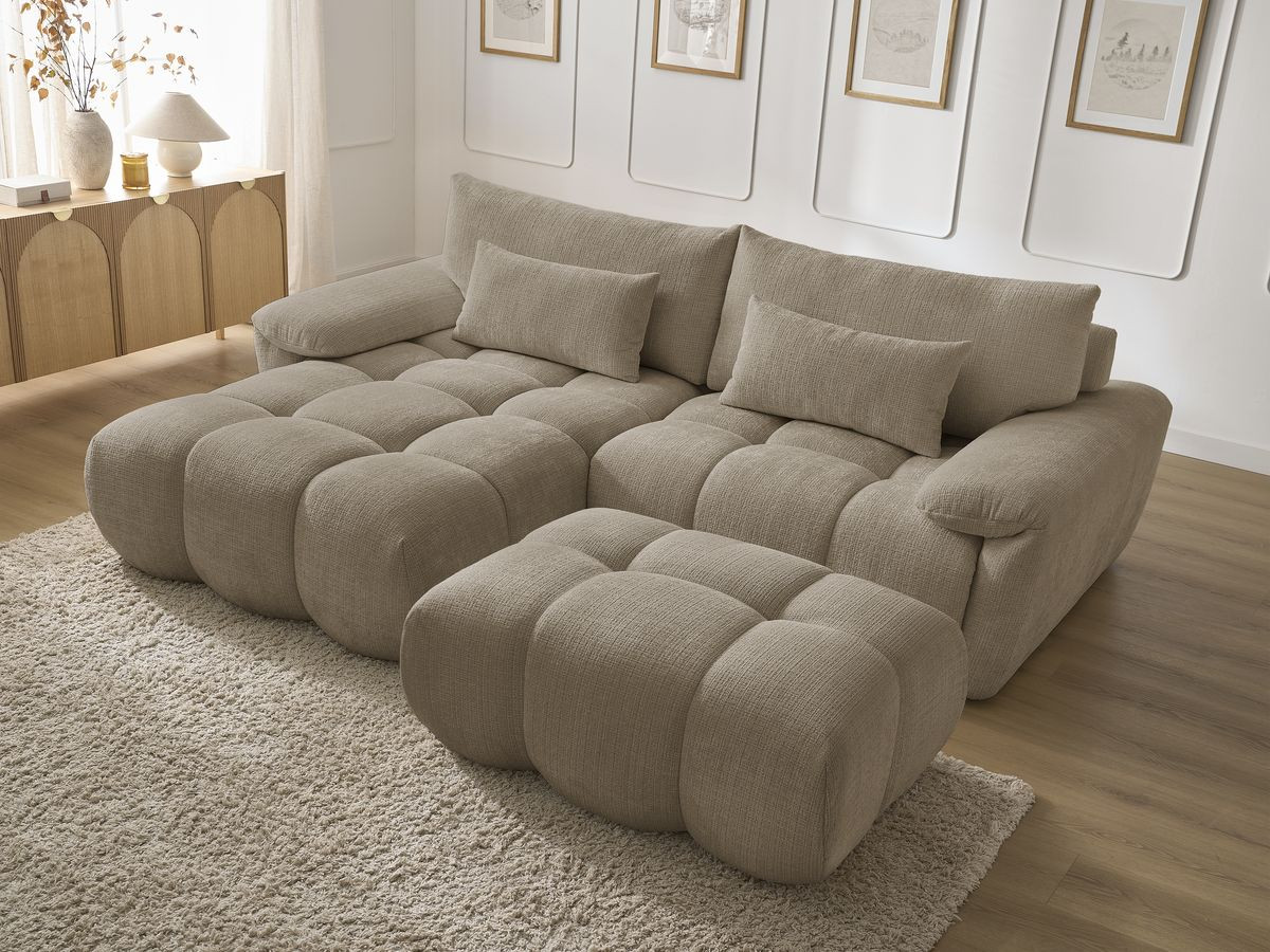 Canapé d'angle fixe IVANE tissu texturé avec pouf