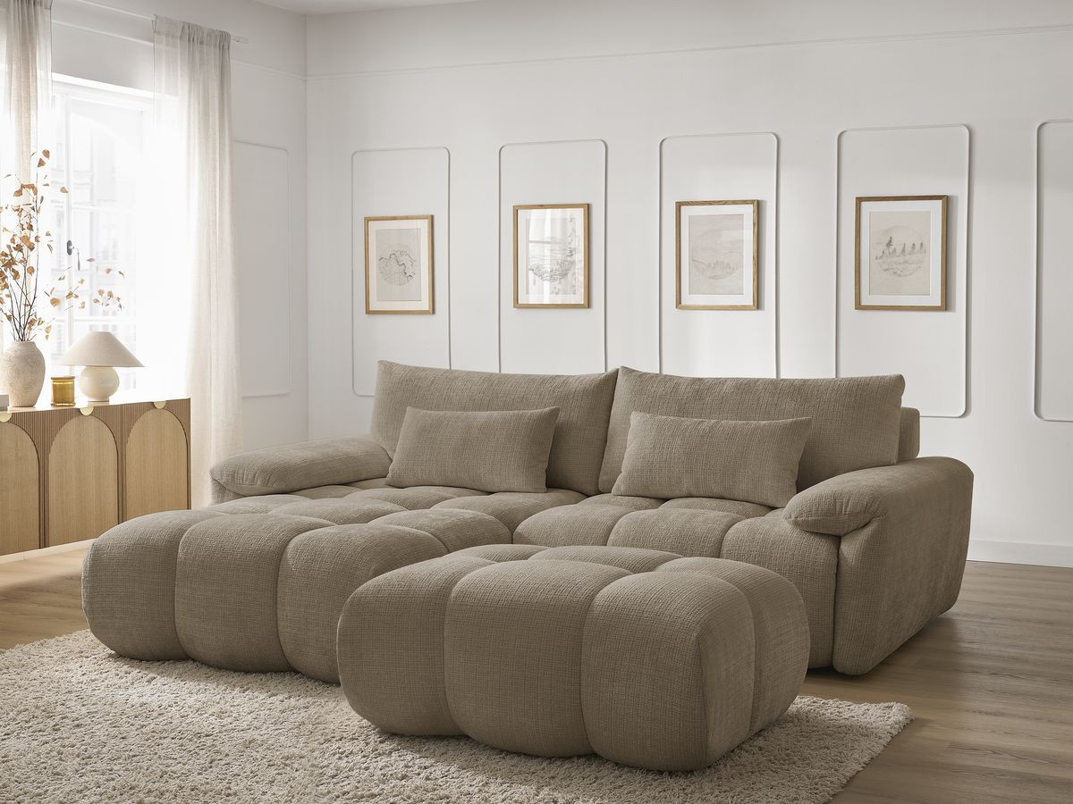 Canapé d'angle fixe IVANE tissu texturé avec pouf