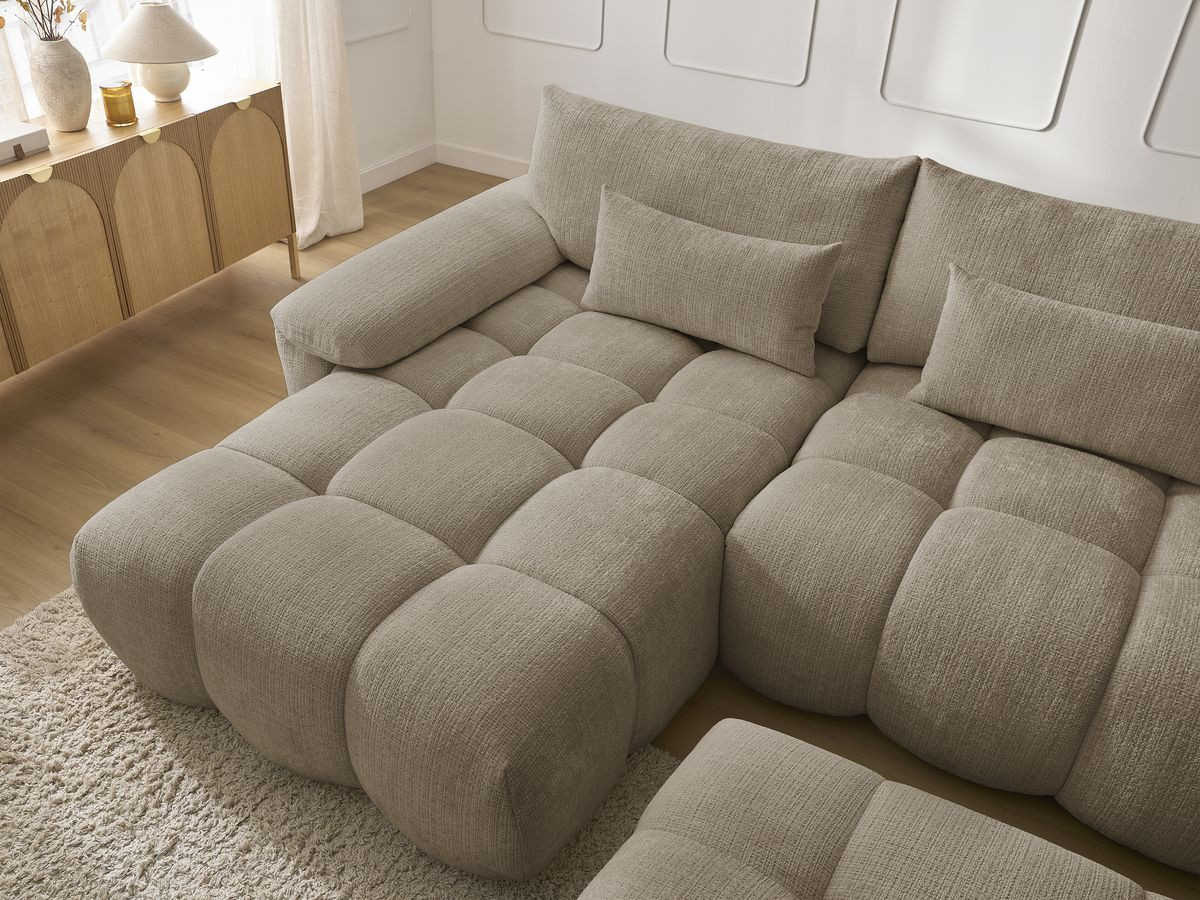 Canapé d'angle fixe IVANE tissu texturé avec pouf