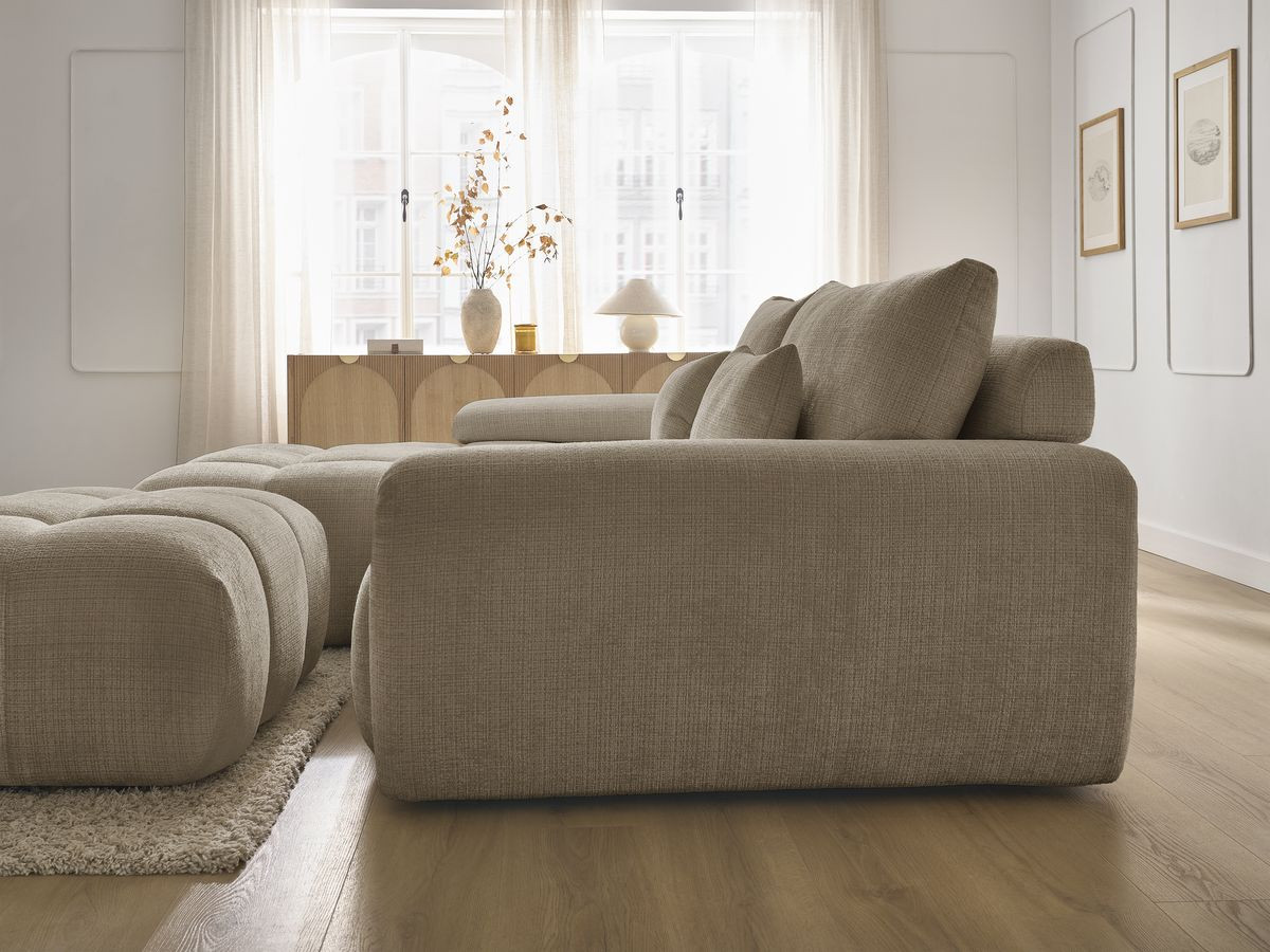 Canapé d'angle fixe IVANE tissu texturé avec pouf
