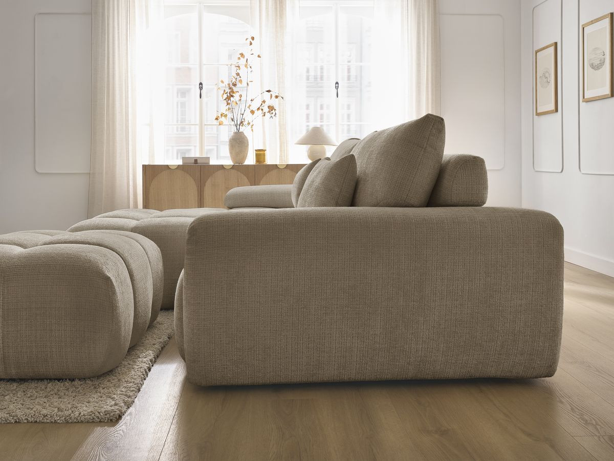 Canapé d'angle fixe IVANE tissu texturé avec pouf
