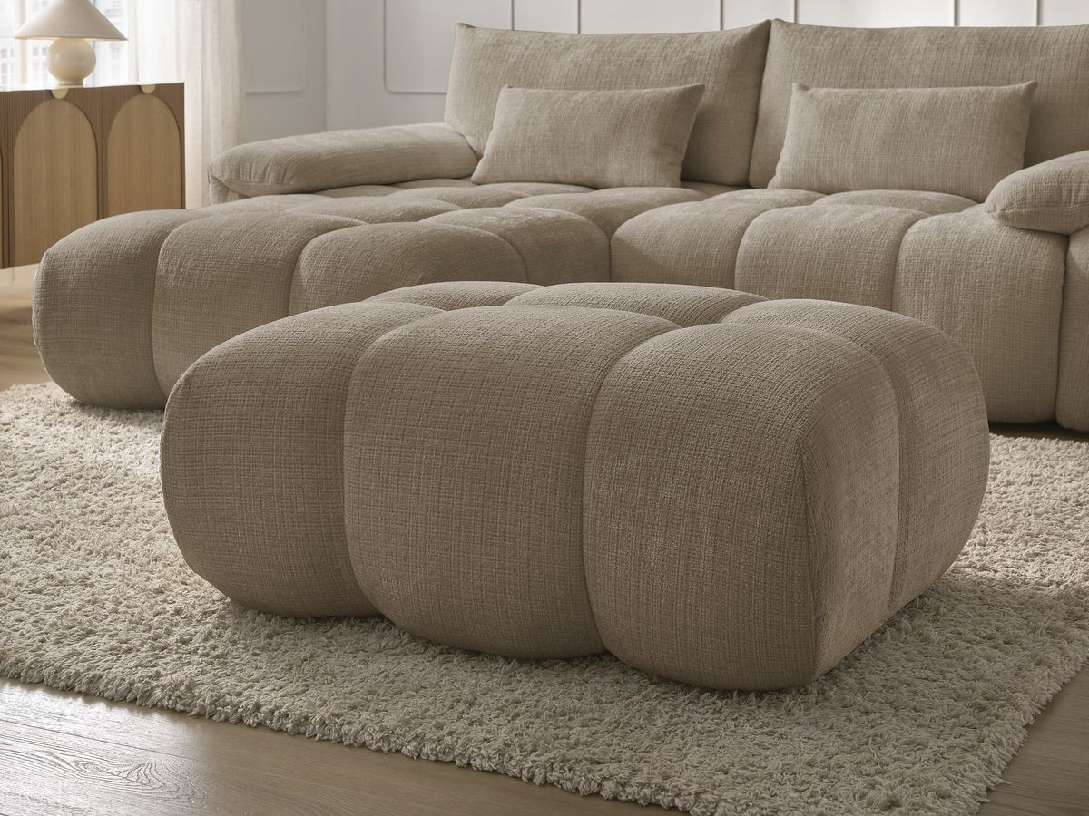 Canapé d'angle fixe IVANE tissu texturé avec pouf