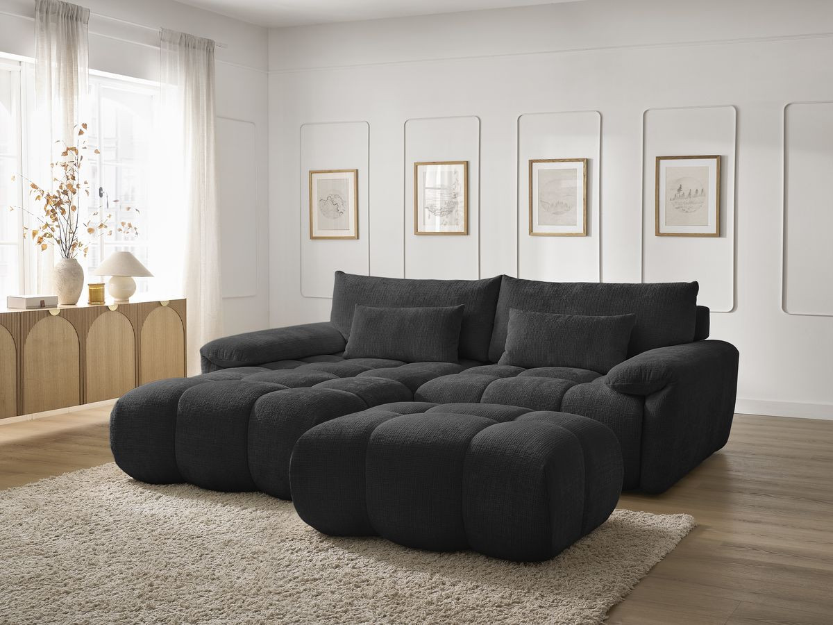 Canapé d'angle fixe IVANE tissu texturé avec pouf