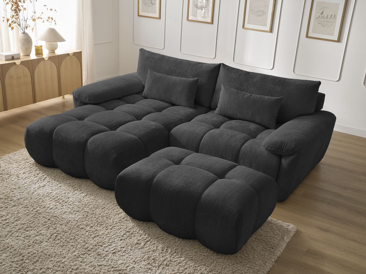 Canapé d'angle fixe IVANE tissu texturé avec pouf
