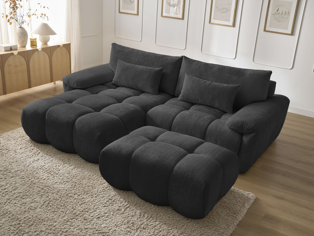 Canapé d'angle fixe IVANE tissu texturé avec pouf