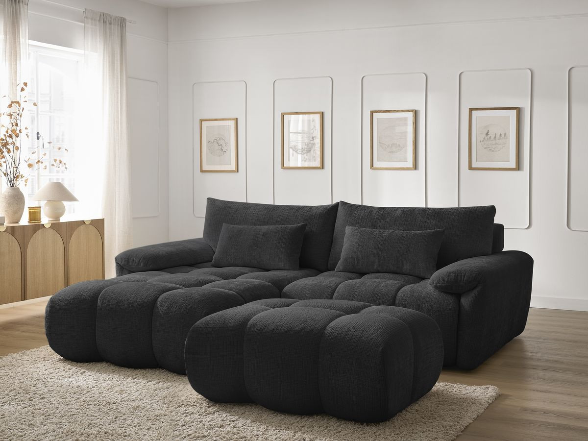 Canapé d'angle fixe IVANE tissu texturé avec pouf