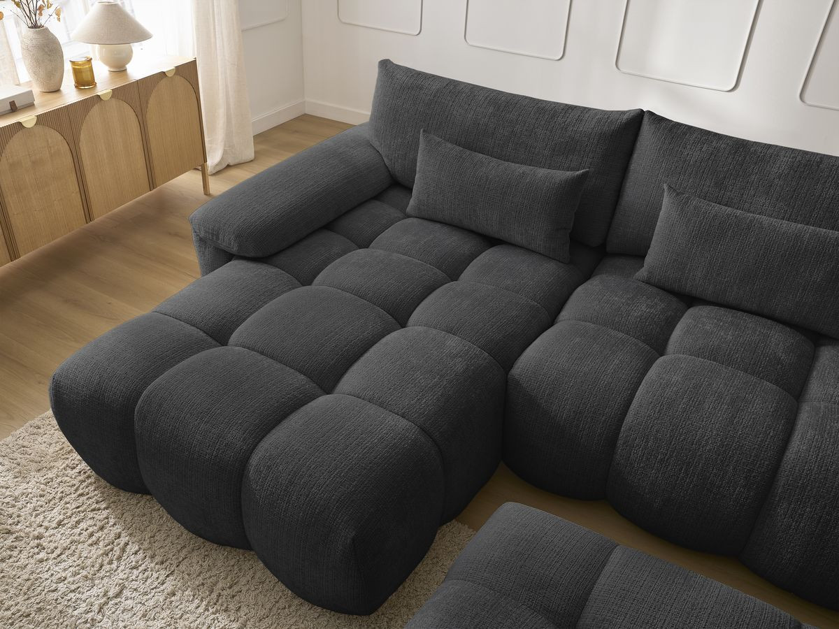 Canapé d'angle fixe IVANE tissu texturé avec pouf
