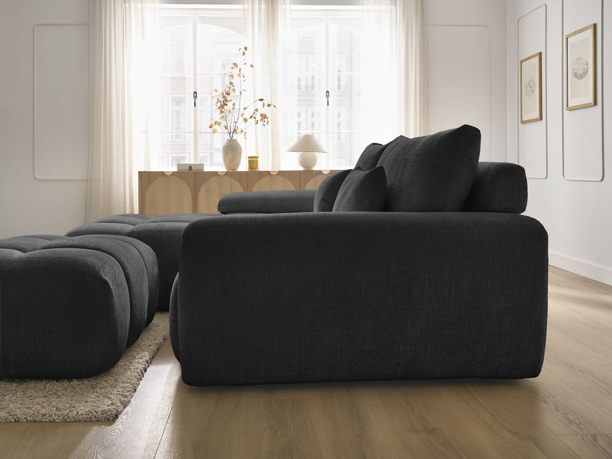 Canapé d'angle fixe IVANE tissu texturé avec pouf