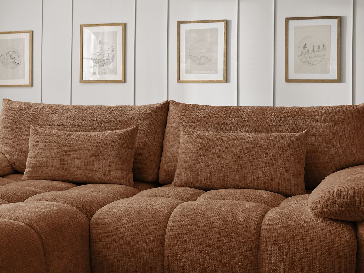 Canapé d'angle fixe IVANE tissu texturé avec pouf