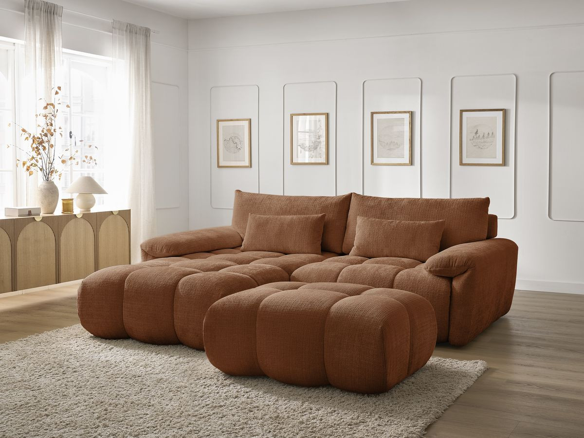 Canapé d'angle fixe IVANE tissu texturé avec pouf