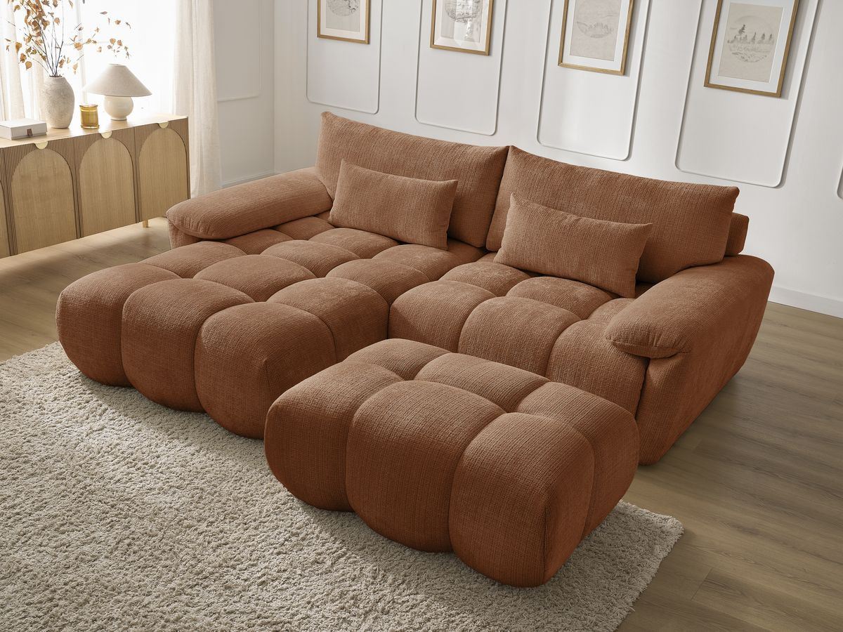 Canapé d'angle fixe IVANE tissu texturé avec pouf