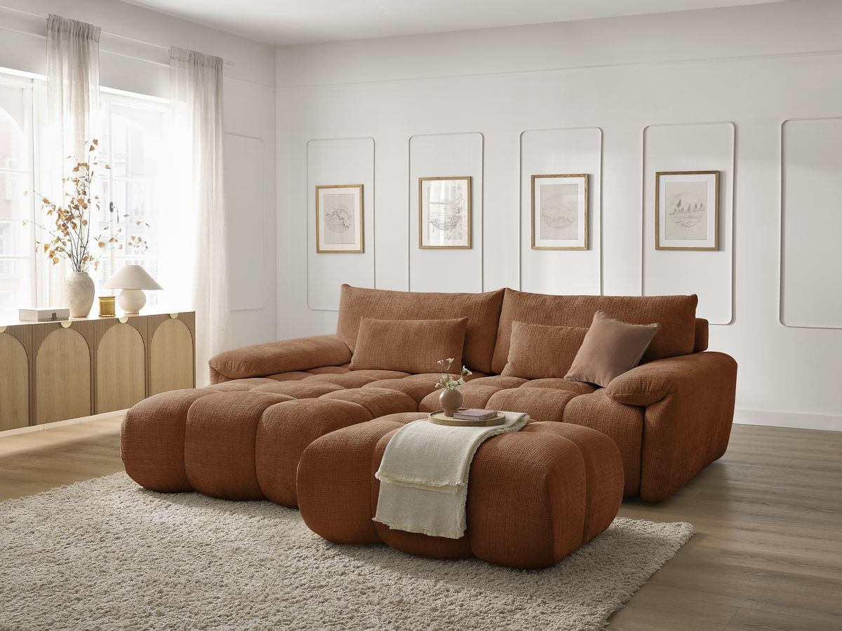 Canapé d'angle fixe IVANE tissu texturé avec pouf