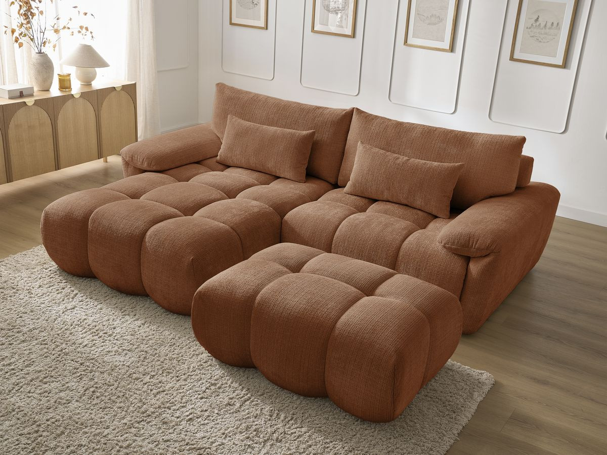 Canapé d'angle fixe IVANE tissu texturé avec pouf
