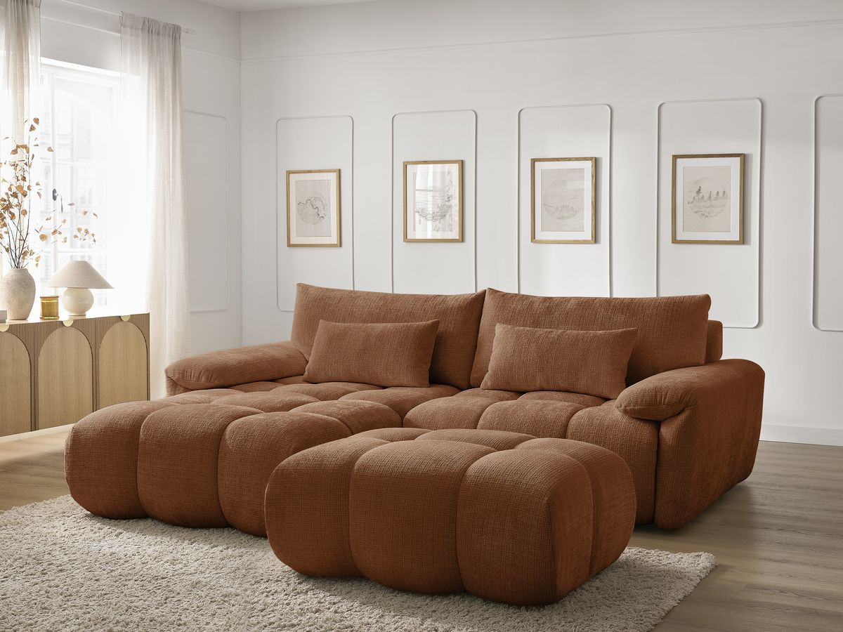 Canapé d'angle fixe IVANE tissu texturé avec pouf