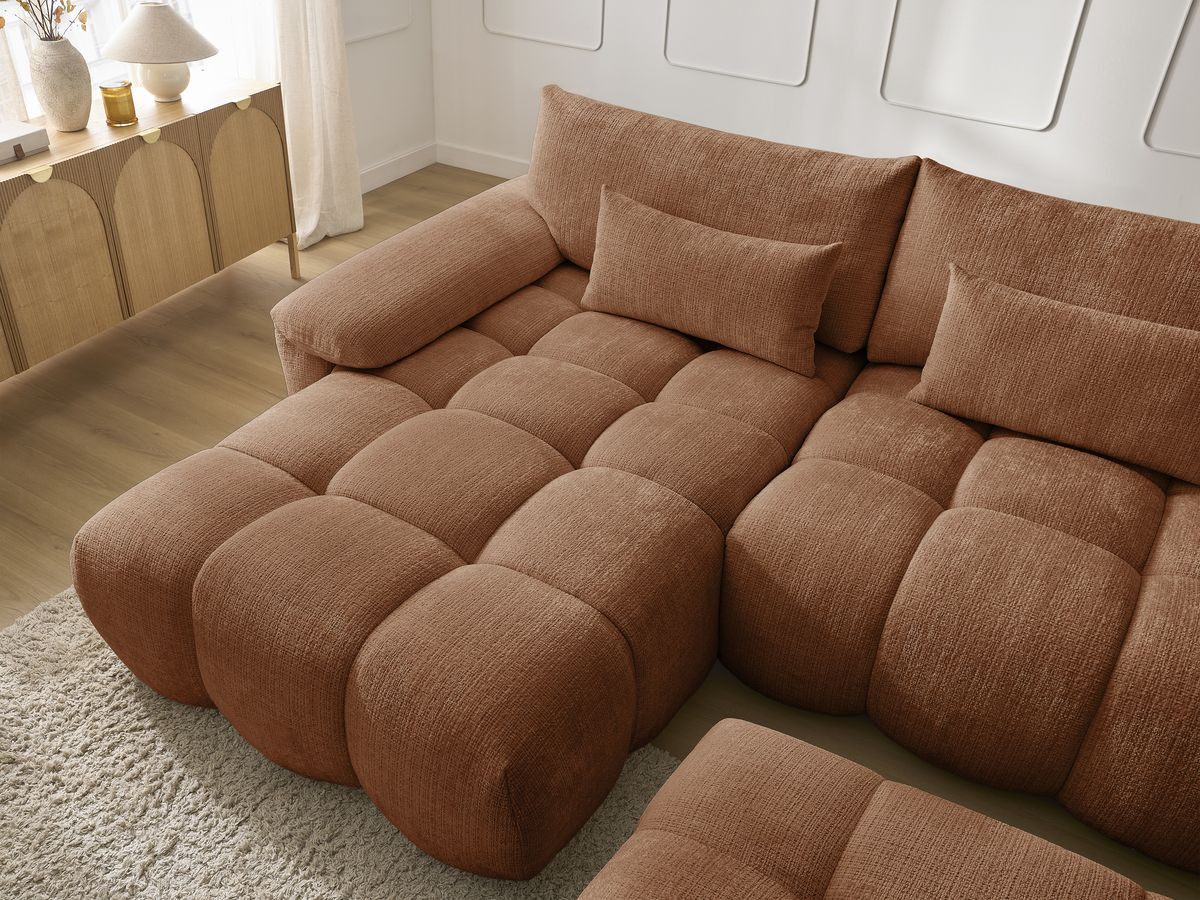Canapé d'angle fixe IVANE tissu texturé avec pouf