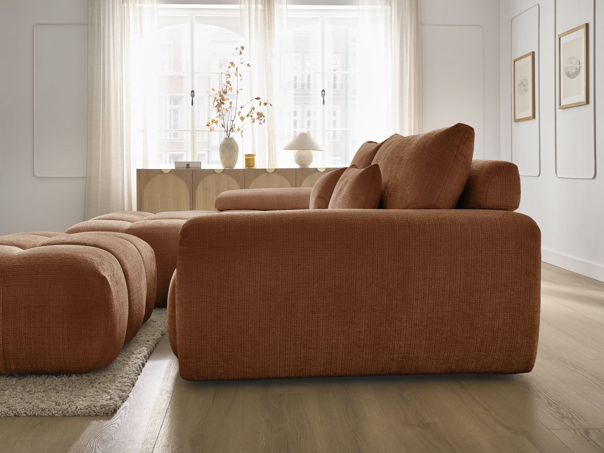 Canapé d'angle fixe IVANE tissu texturé avec pouf