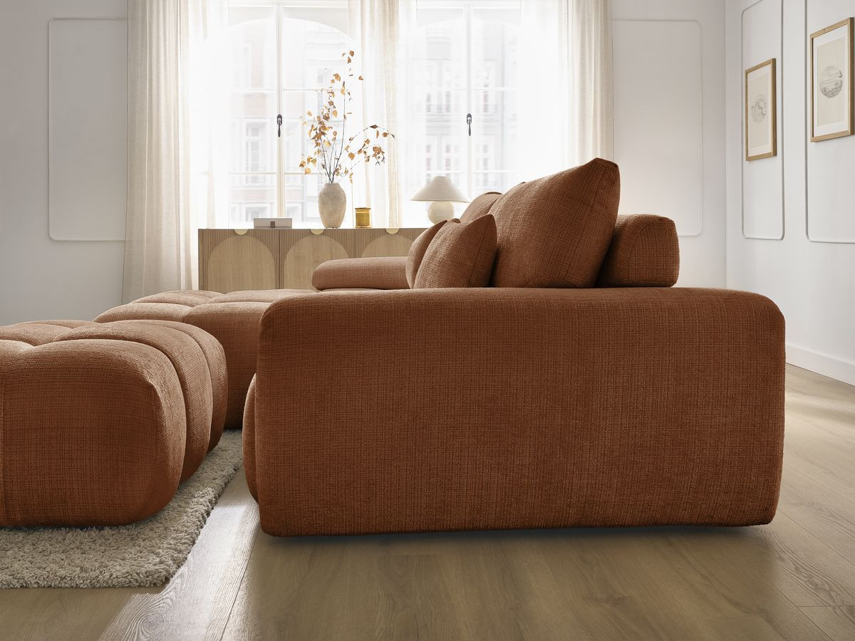 Canapé d'angle fixe IVANE tissu texturé avec pouf