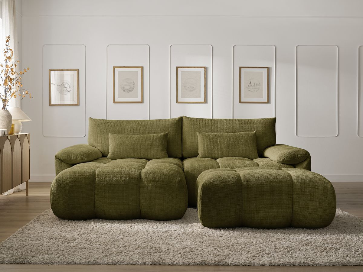 Canapé d'angle fixe IVANE tissu texturé avec pouf vert angle gauche BOBOCHIC 4 places - Vue supplémentaire 3