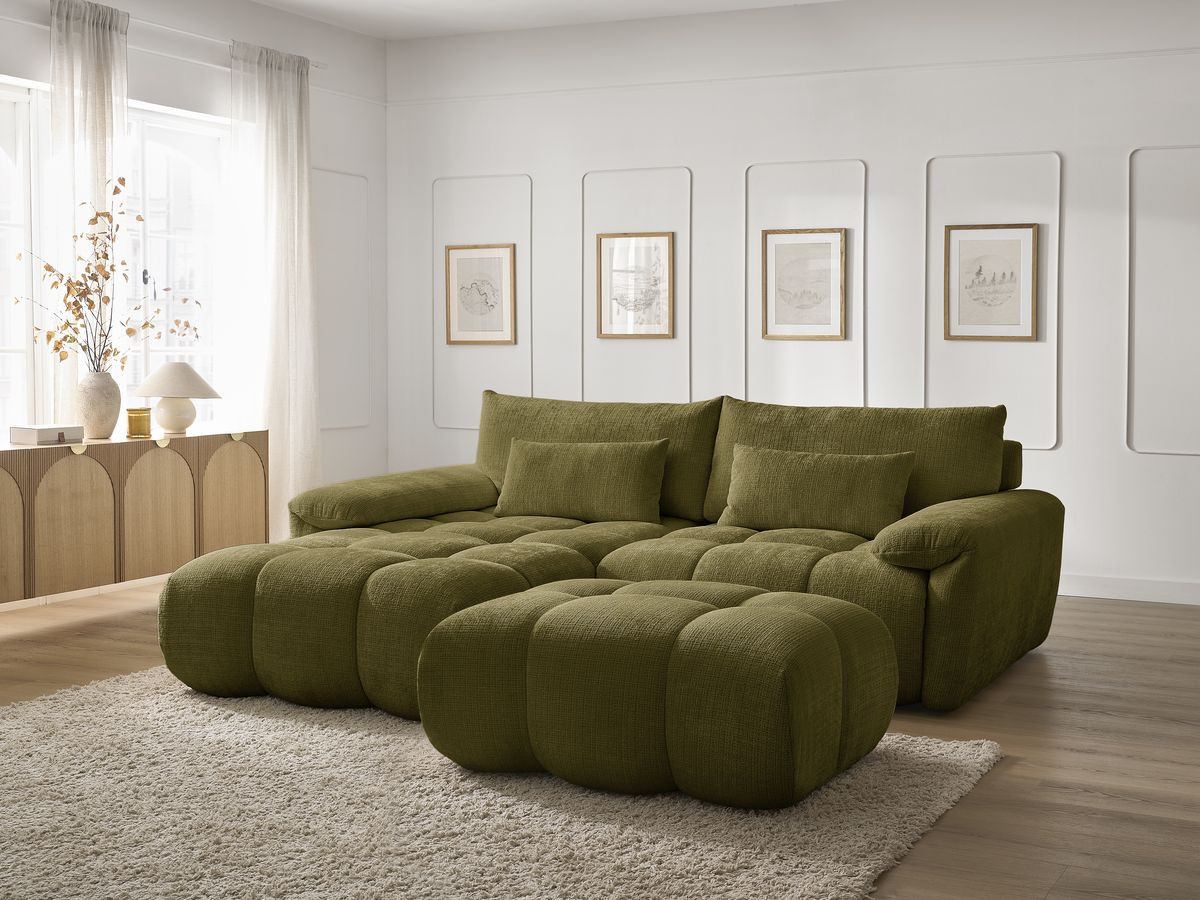 Canapé d'angle fixe IVANE tissu texturé avec pouf