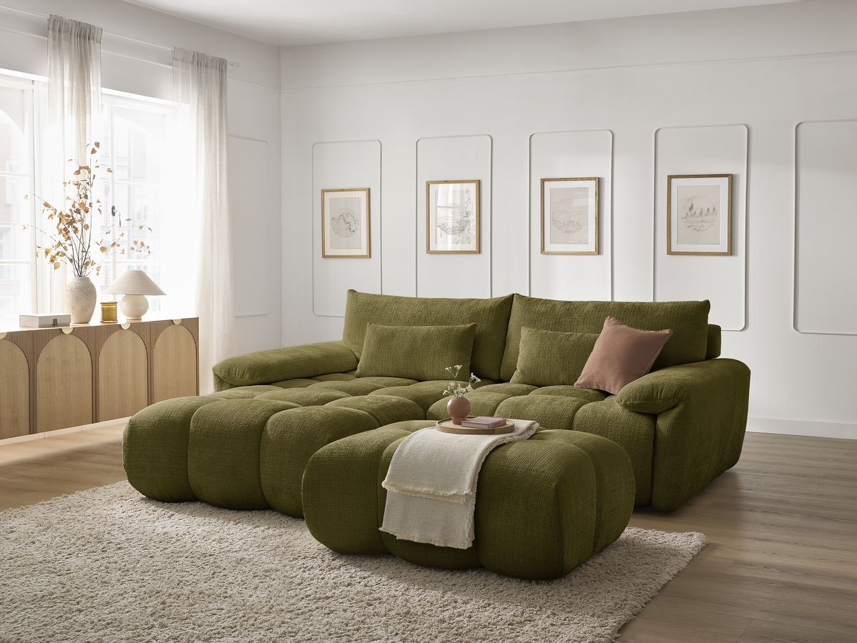 Canapé d'angle fixe IVANE tissu texturé avec pouf