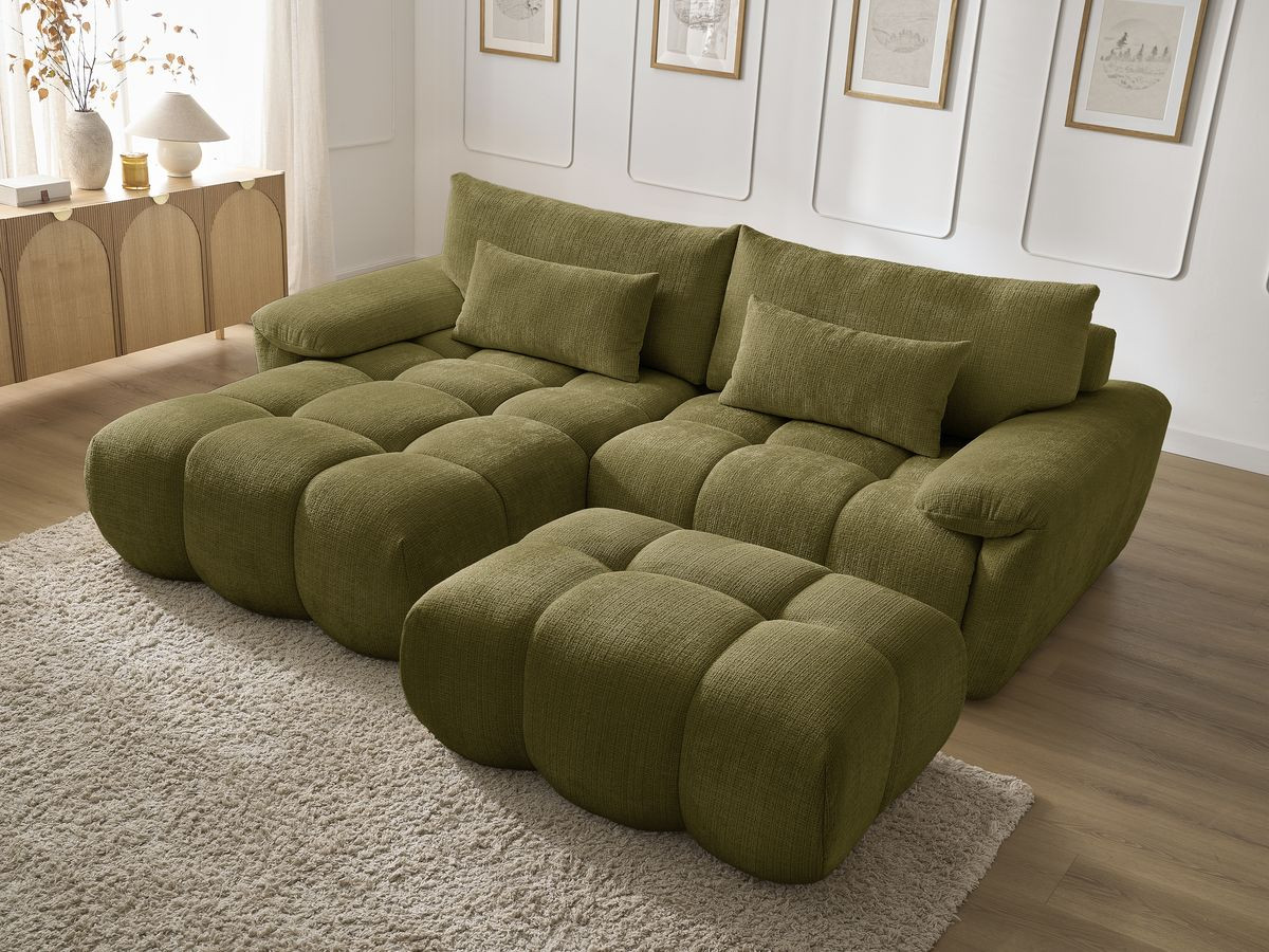 Canapé d'angle fixe IVANE tissu texturé avec pouf