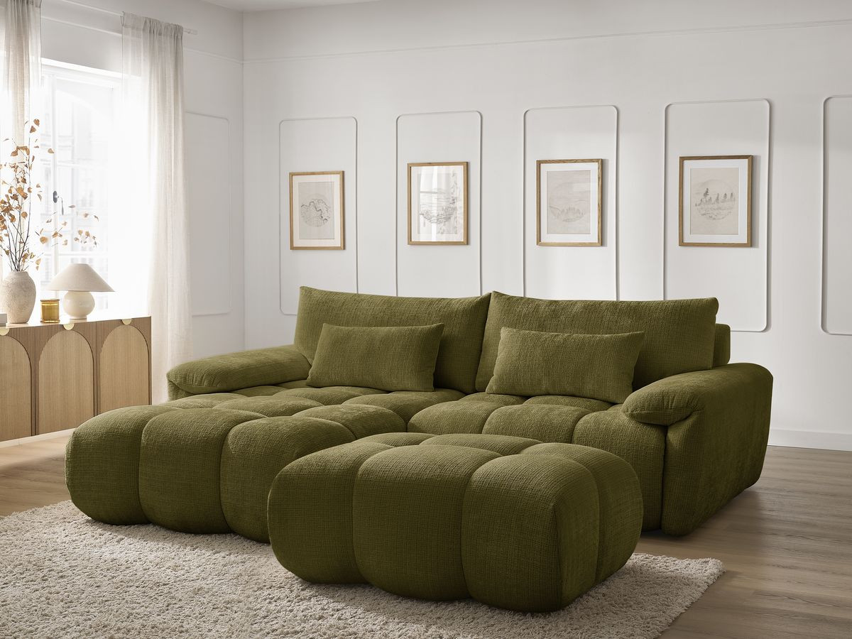 Canapé d'angle fixe IVANE tissu texturé avec pouf