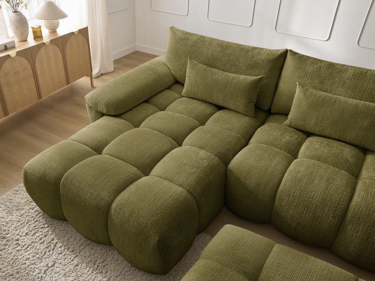 Canapé d'angle fixe IVANE tissu texturé avec pouf