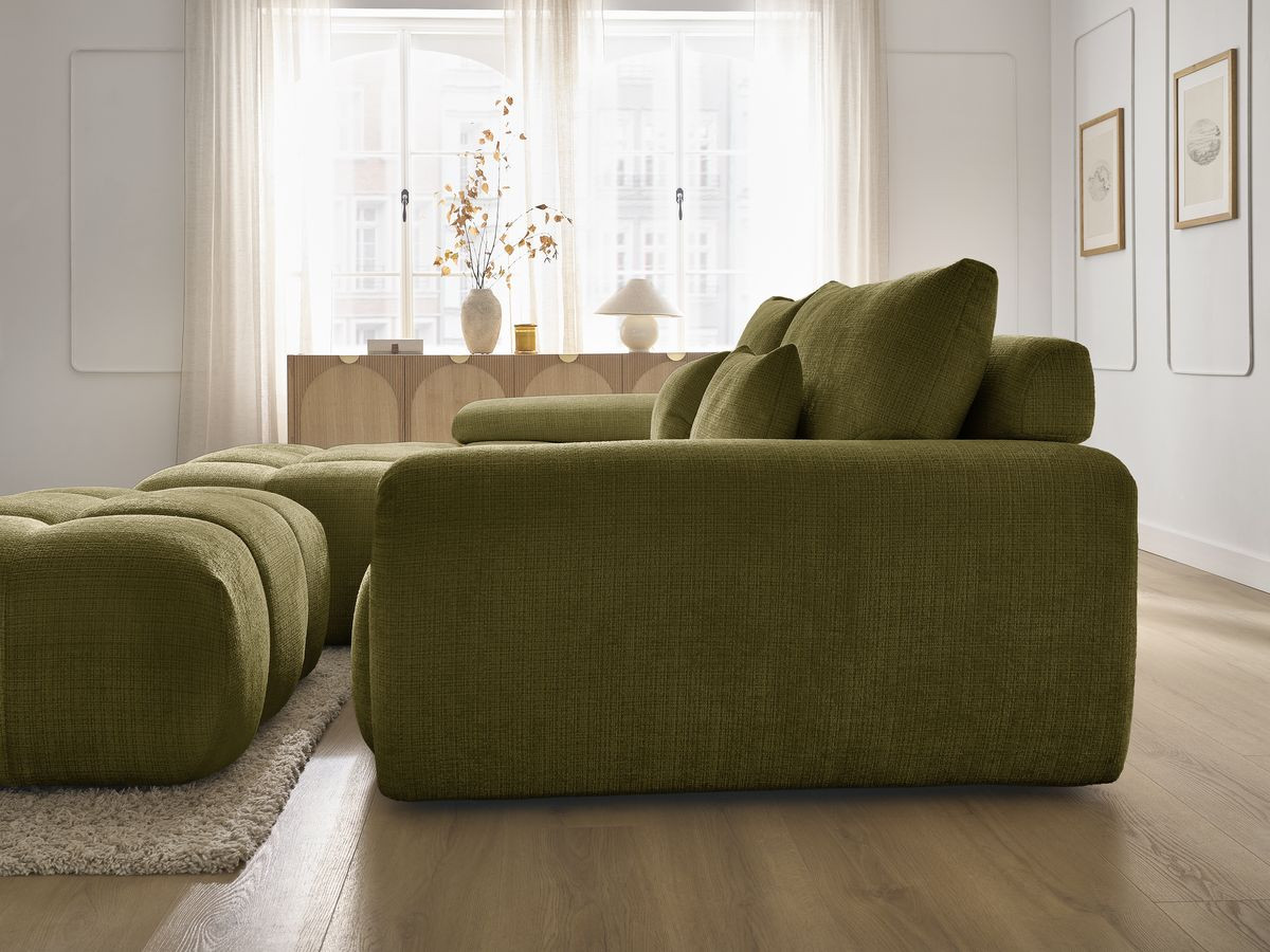 Canapé d'angle fixe IVANE tissu texturé avec pouf