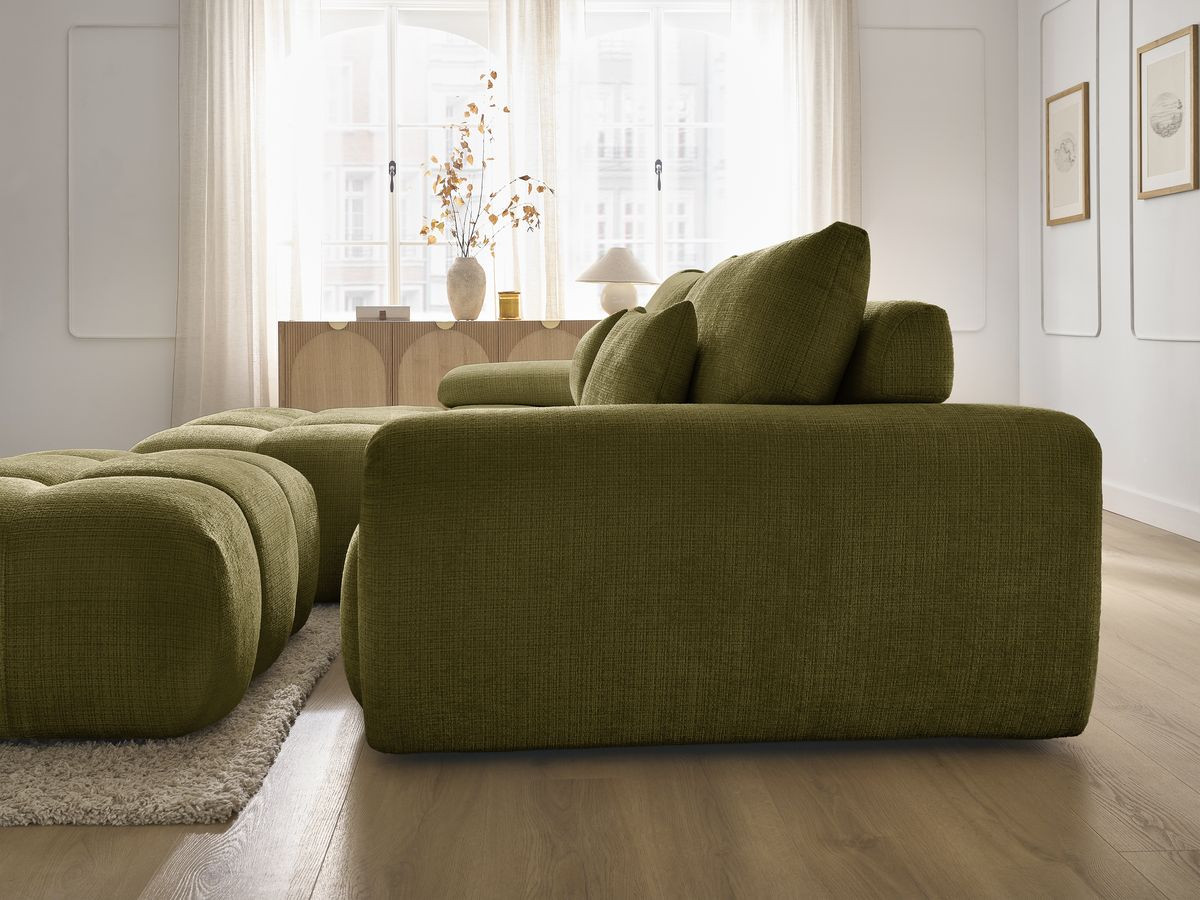 Canapé d'angle fixe IVANE tissu texturé avec pouf