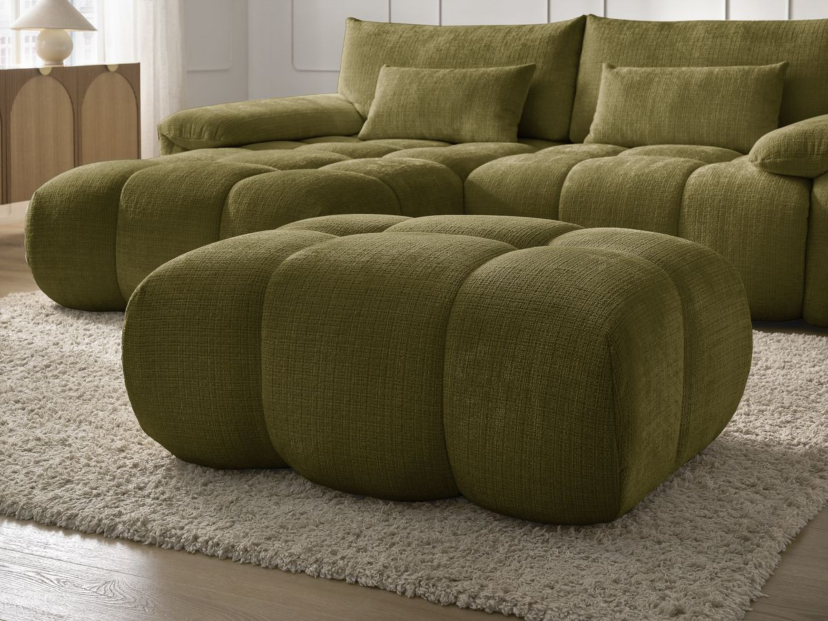 Canapé d'angle fixe IVANE tissu texturé avec pouf