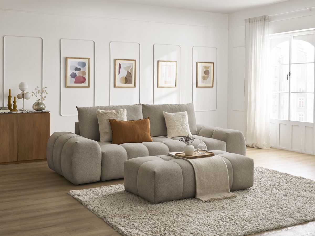 Canapé droit fixe 3 places EVEREST tissu chiné avec pouf