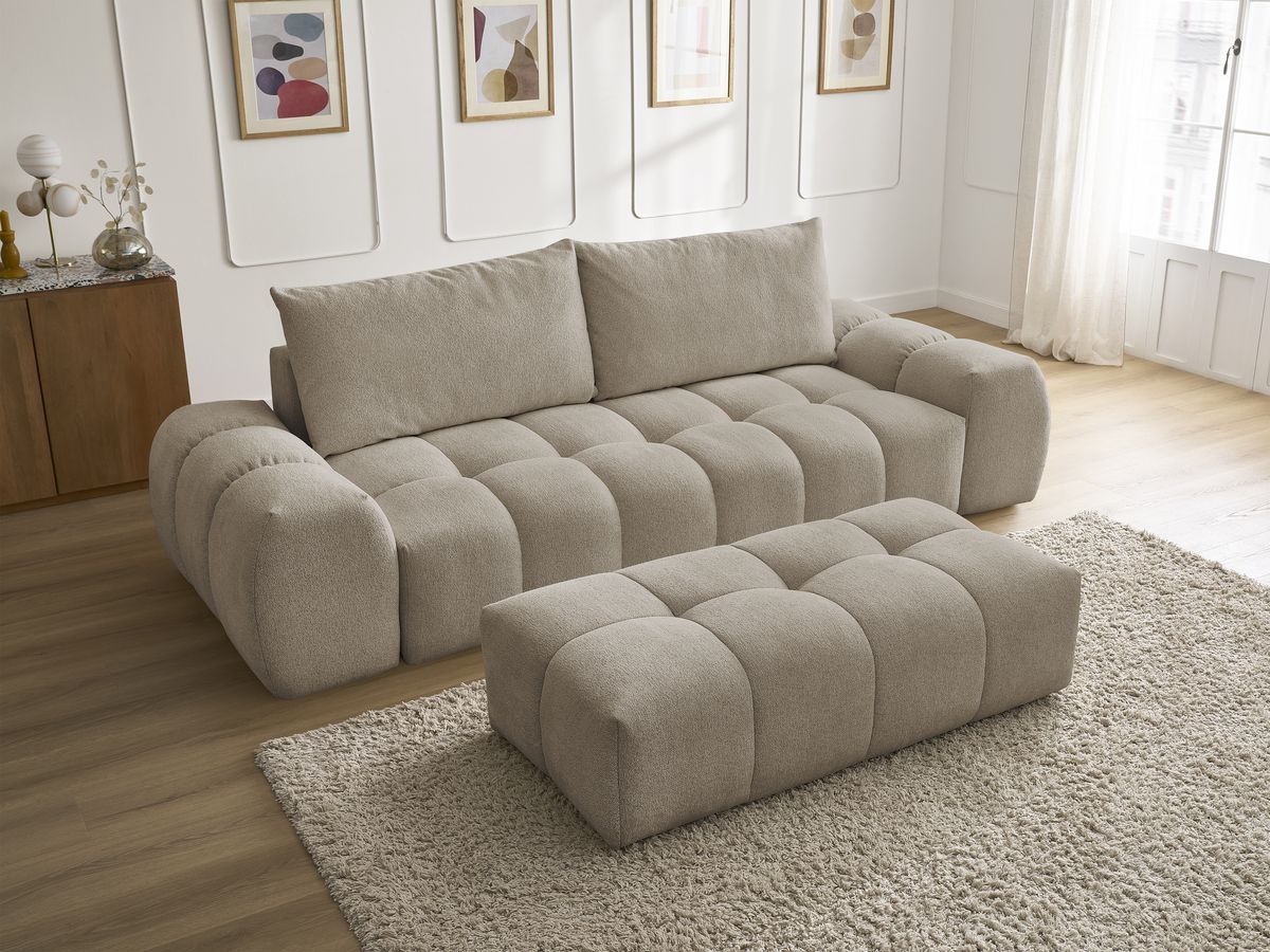 Canapé droit fixe 3 places EVEREST tissu chiné avec pouf