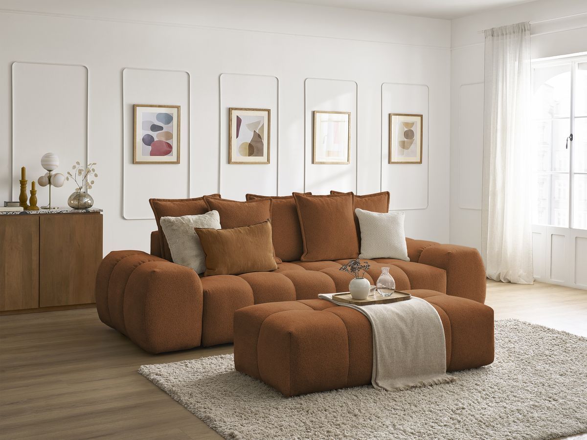 Canapé droit fixe 3 places EVEREST tissu chiné avec pouf