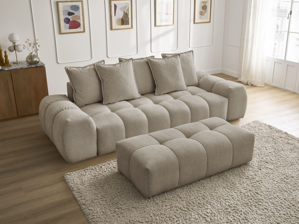 Canapé droit fixe 3 places EVEREST tissu chiné avec pouf