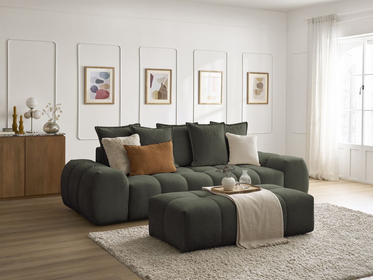 Canapé droit fixe 3 places EVEREST tissu chiné avec pouf