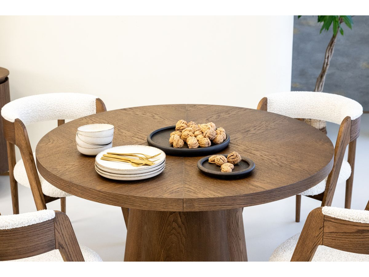 SUGITON set met ronde eettafel uitschuifbaar van 130 tot 180 cm + 4 BASTIDE stoelen in massief eiken fineer