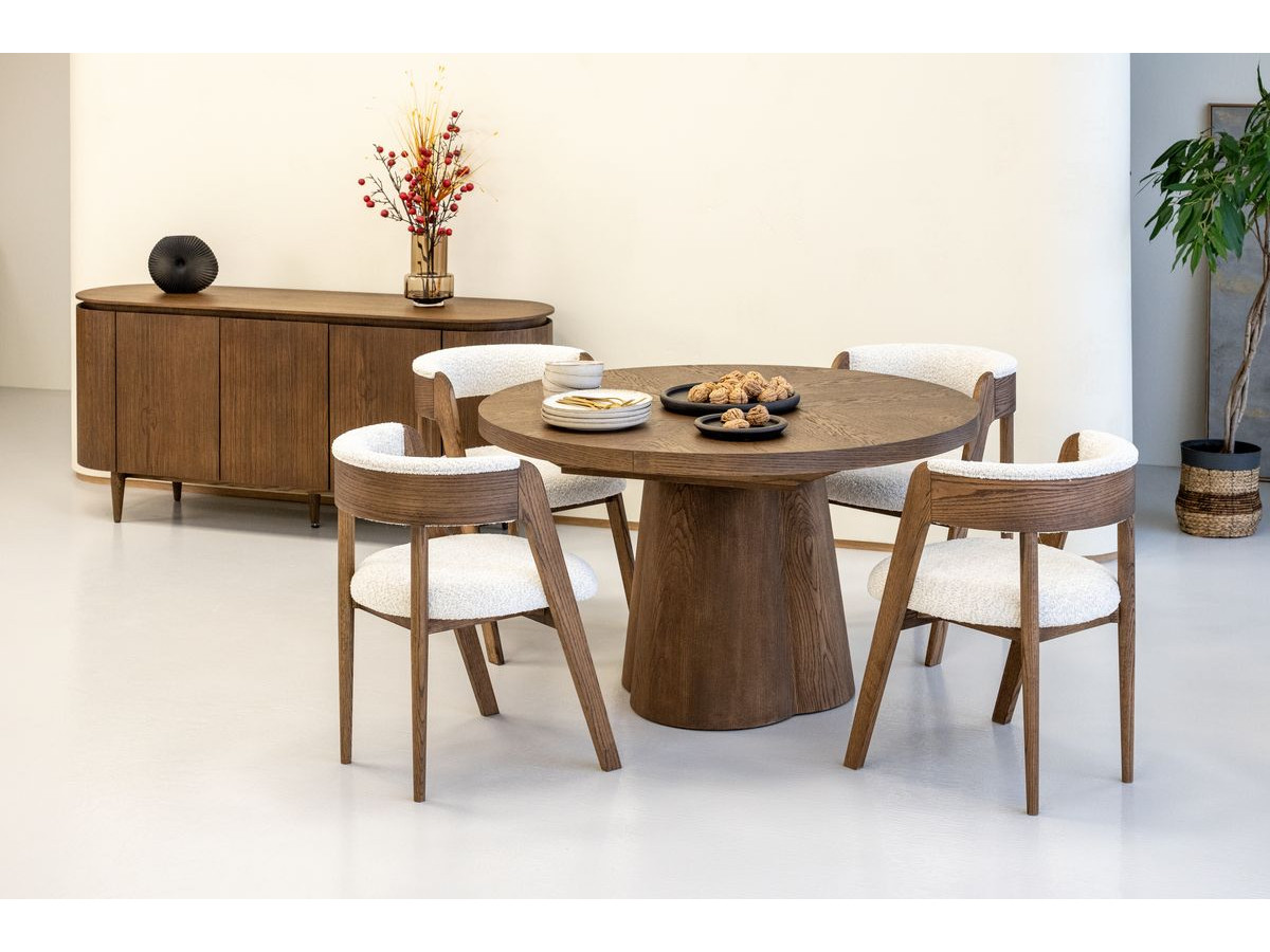 SUGITON set met ronde eettafel uitschuifbaar van 130 tot 180 cm + 4 BASTIDE stoelen in massief eiken fineer