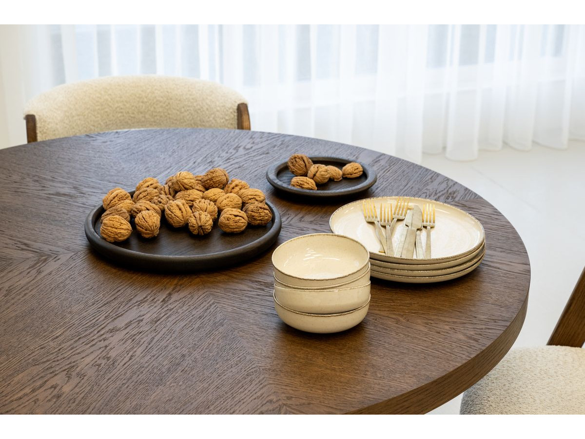 SUGITON set met ronde eettafel uitschuifbaar van 130 tot 180 cm + 4 BASTIDE stoelen in massief eiken fineer