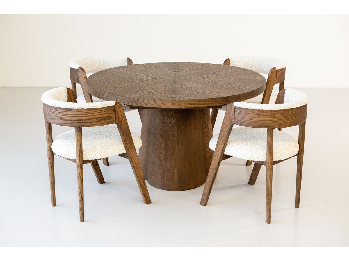SUGITON set met ronde eettafel uitschuifbaar van 130 tot 180 cm + 4 BASTIDE stoelen in massief eiken fineer