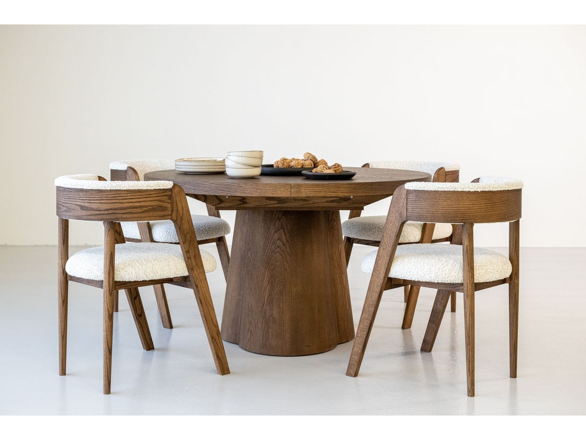 SUGITON set met ronde eettafel uitschuifbaar van 130 tot 180 cm + 4 BASTIDE stoelen in massief eiken fineer