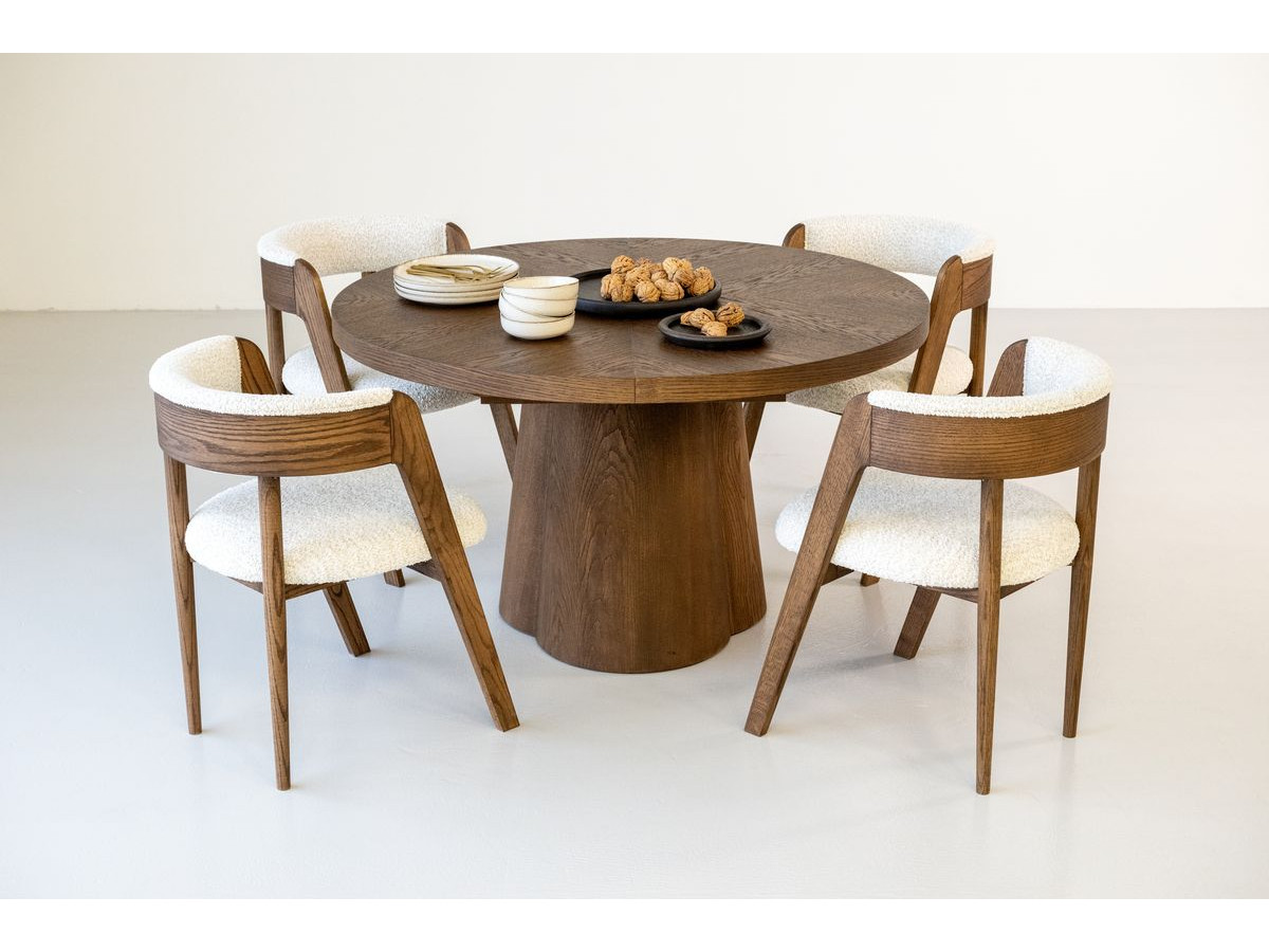 SUGITON set met ronde eettafel uitschuifbaar van 130 tot 180 cm + 4 BASTIDE stoelen in massief eiken fineer