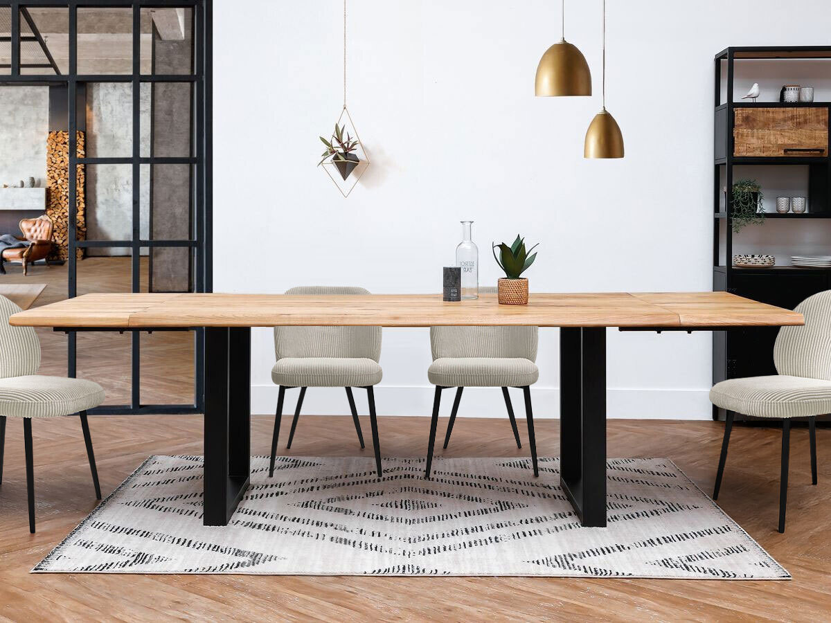 AWANI set met uitschuifbare eettafel met vierkante poten van massief eikenhout + stoelen van corduroy