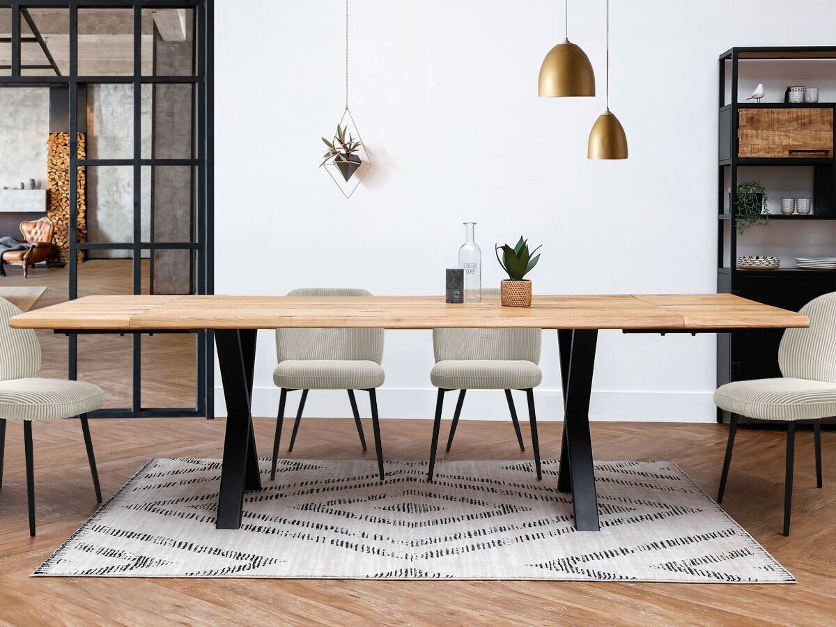 AWANI set met uitschuifbare eettafel met massief eikenhouten kruispoten + corduroy stoelen