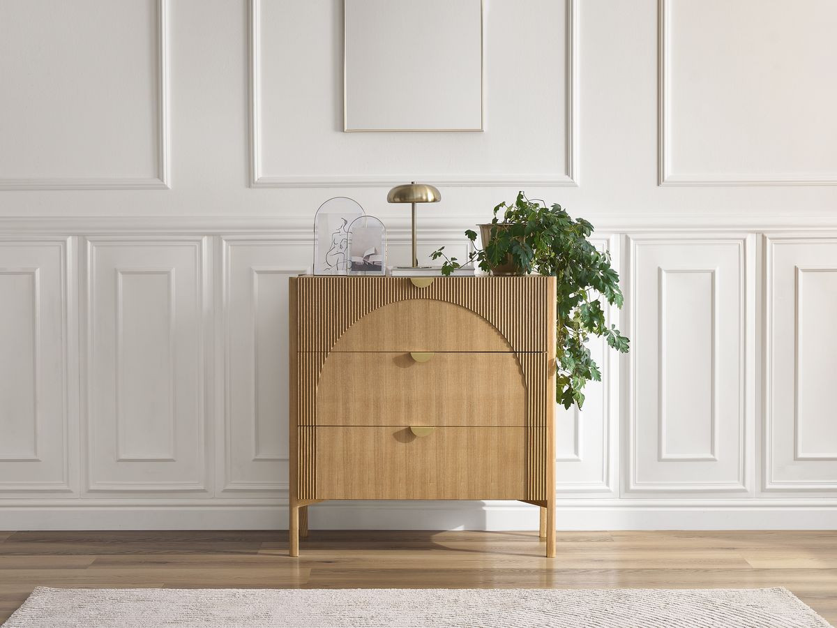 Commode 3 tiroirs 90 cm LOLA motif arrondi et placage frêne massif ...