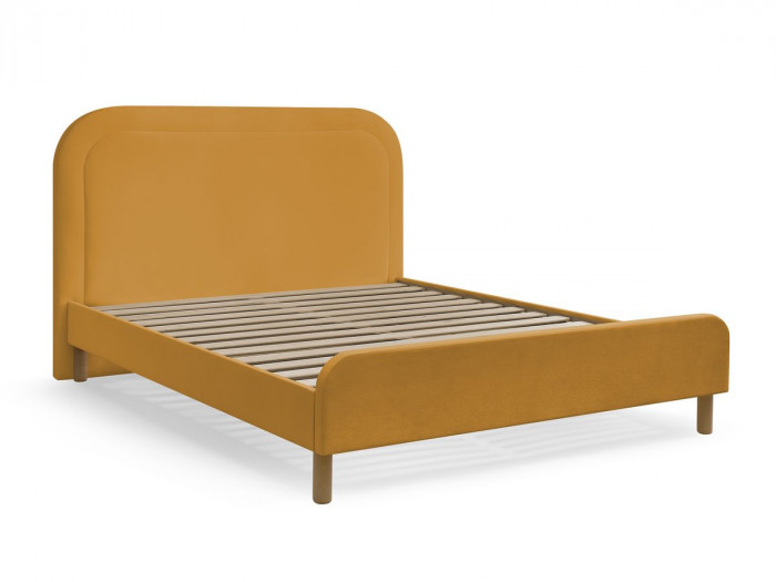 Lit CASSIOPEE tissu velours avec lattes massives pieds en bois naturel