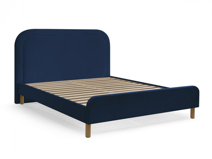 Lit CASSIOPEE tissu velours avec lattes massives pieds en bois naturel