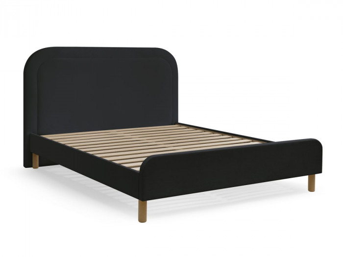 Lit CASSIOPEE tissu velours avec lattes massives pieds en bois naturel