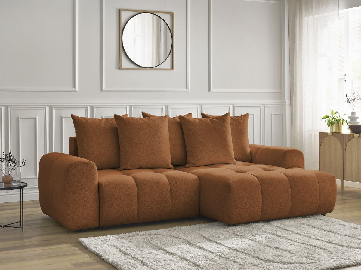 Canapé d'angle fixe EVEREST tissu chiné - Orange - Angle droit - 10 coussins