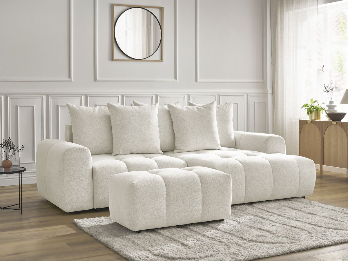 Canapé d'angle convertible coffre ROXELANE tissu chiné avec pouf blanc angle droit BOBOCHIC 3 places - Vue supplémentaire 3